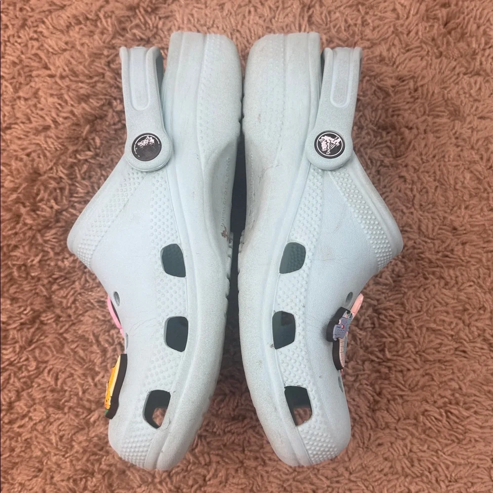 CROCS Kids Girls Sky Blue Clogs with Playful Charms Size J5